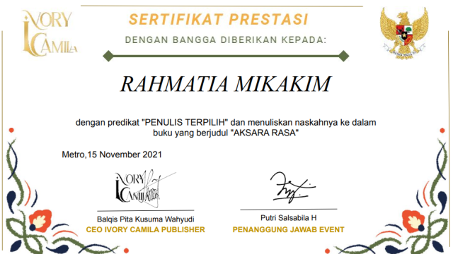 Rahma Arek UMLA Sepuluh Besar Penulis Terpilih Aksara Rasa 2