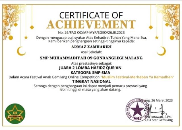 Armaz Zamhariri Siswa SMP Mugi Juara Hafidz Qur’an Nasional 1